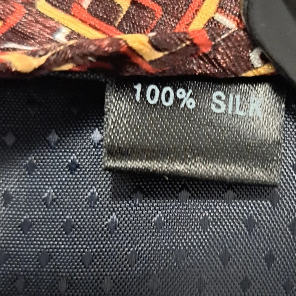 LeVieux Commandant Silk Brown Gold White Red Interlock Squares Tie